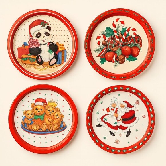 Retro Christmas Metal Cookie Trays Holiday Kitchen Decor Cookie Exchange Swap - Picture 2 of 16